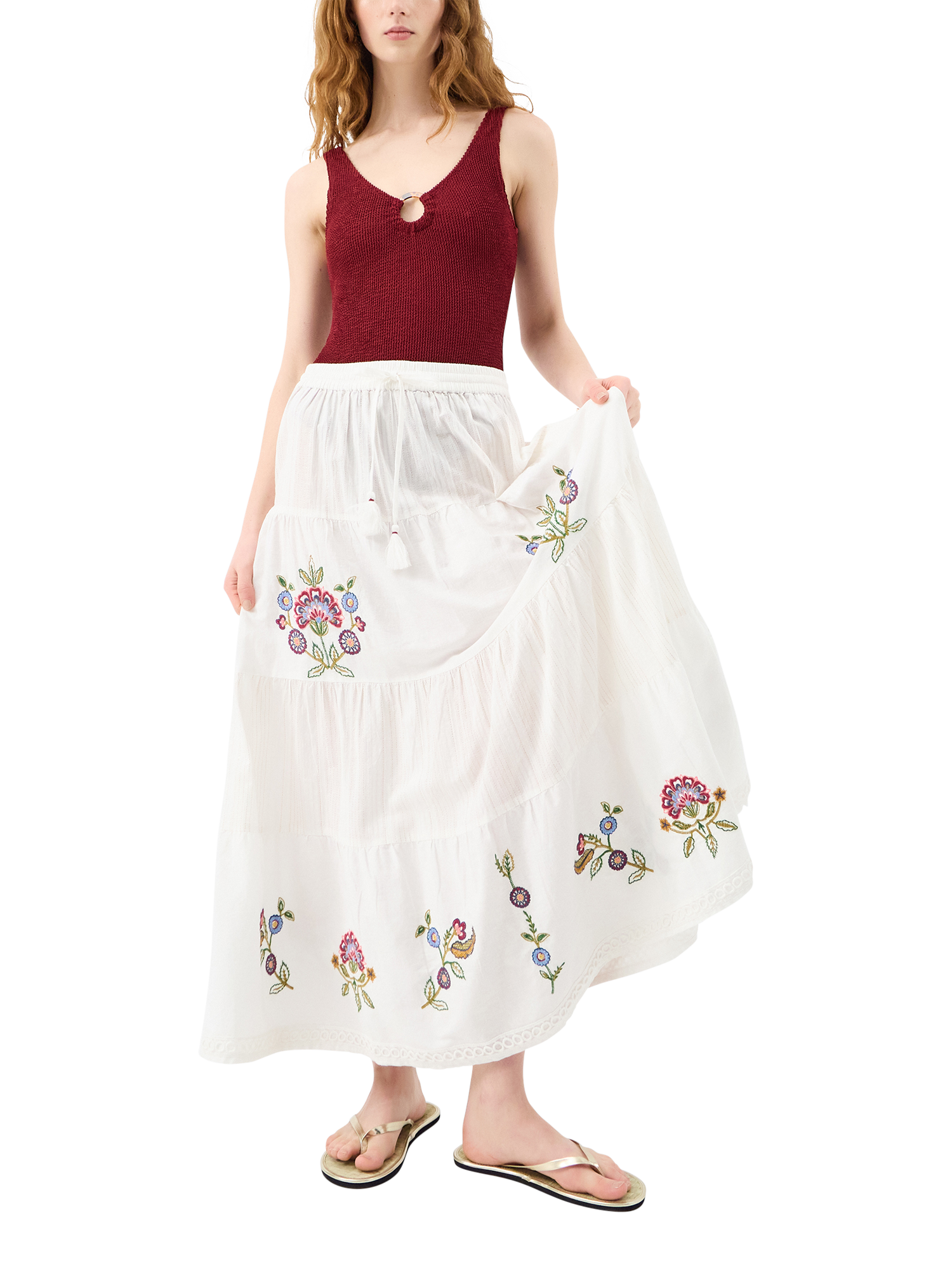 Product image 1 of 4, which shows Accessorize Floral Embroidered Tiered Maxi Skirt, Ivory/Multi, XS