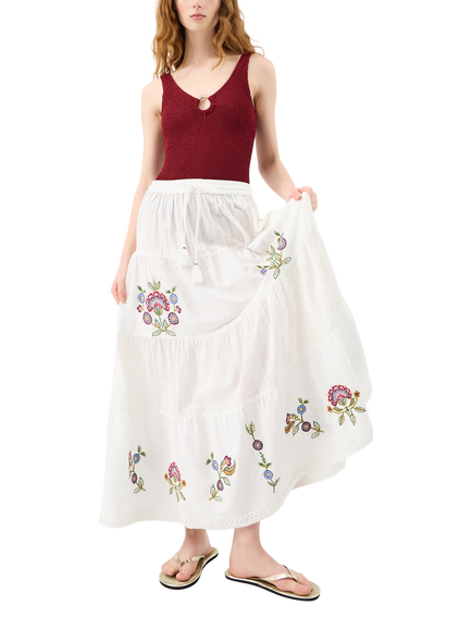 Accessorize Floral Embroidered Tiered Maxi Skirt, Ivory/Multi, Ivory/Multi