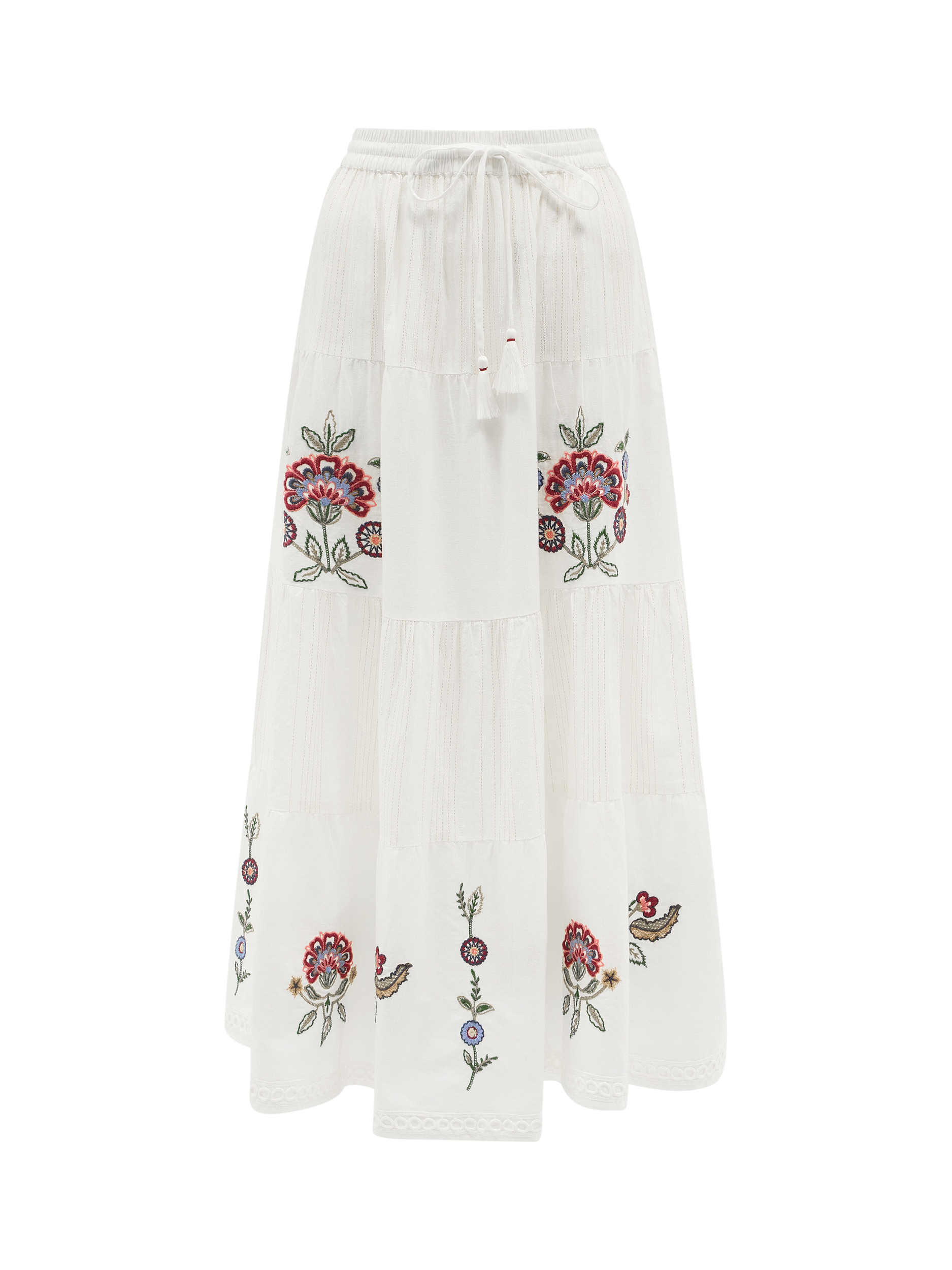 Product image 4 of 4, which shows Accessorize Floral Embroidered Tiered Maxi Skirt, Ivory/Multi, XS