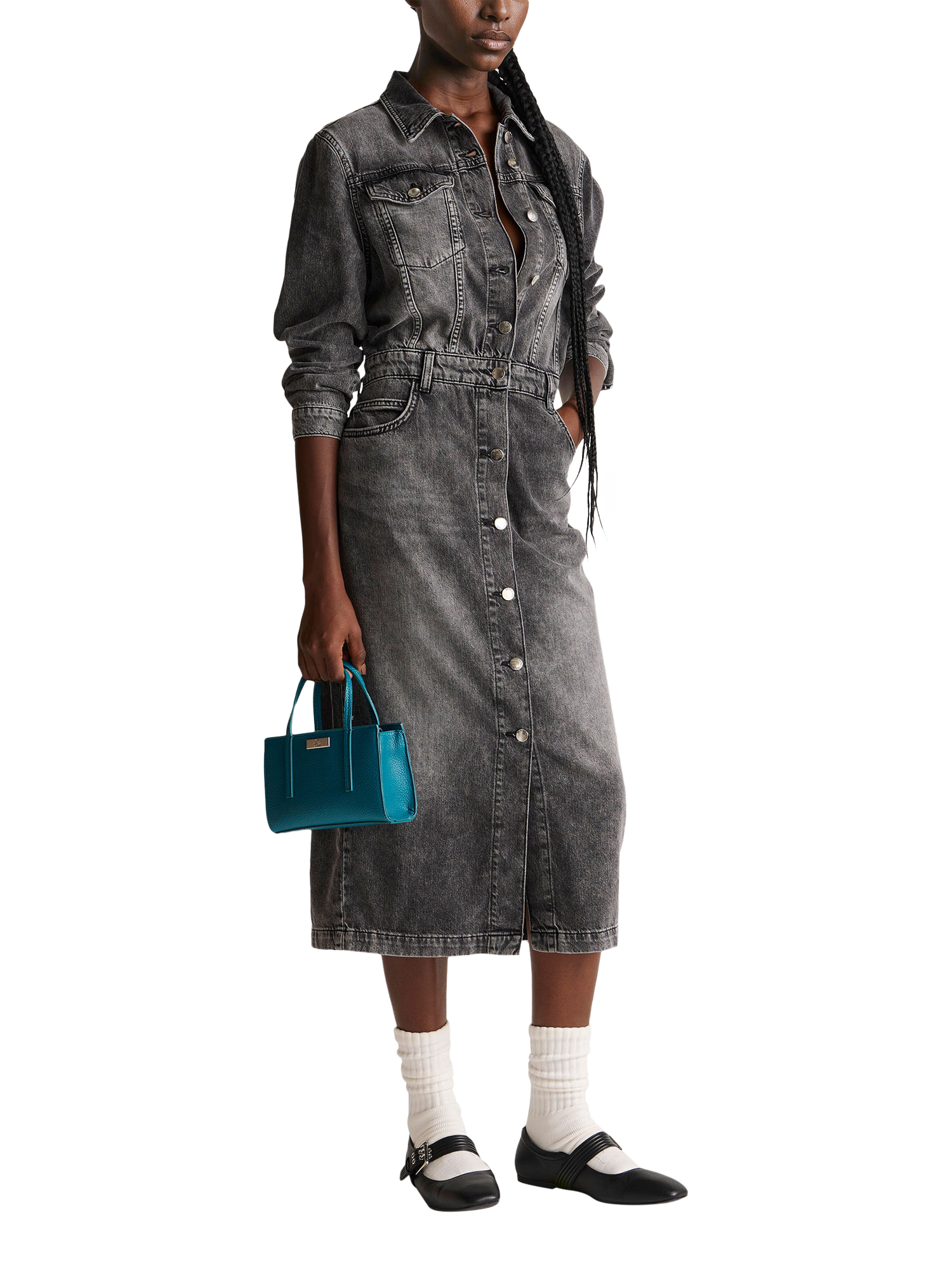 Product image 3 of 5, which shows Benetton Denim Shirt Dress, Black, S