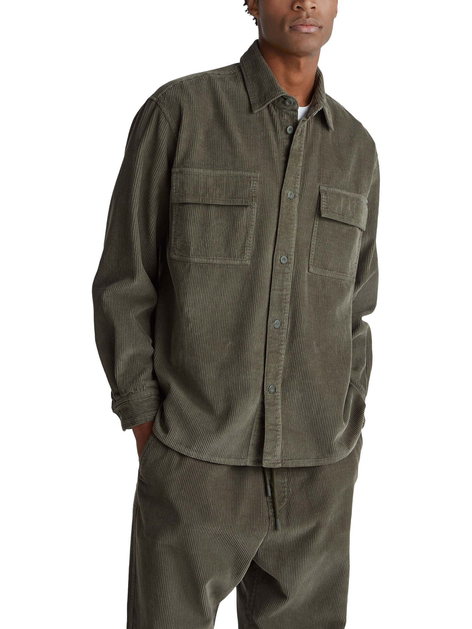 Product image 1 of 6, which shows Benetton Cotton Corduroy Overshirt, Green, S