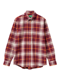 Benetton Cotton Check Button Down Shirt, Dark Red/White, Dark Red/White