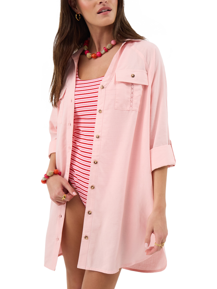 Accessorize Long Sleeve Lace Trim Beach Cover Up Shirt, Pink