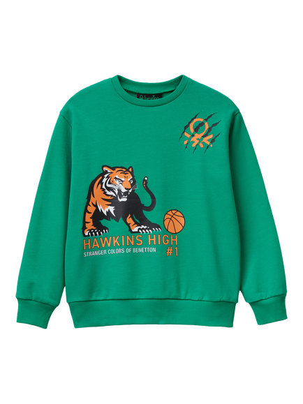 Benetton Kids' Cotton Graphic Crew Neck Sweatshirt, Green, Green
