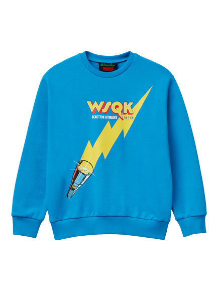 Benetton Kids' Cotton Graphic Crew Neck Sweatshirt, Blue, Blue