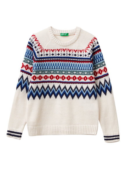 Benetton Kids' Fair Isle Crew Neck Jumper, White/Multi, White/Multi