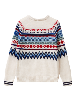 Benetton Kids' Fair Isle Crew Neck Jumper, White/Multi - view 2, White/Multi