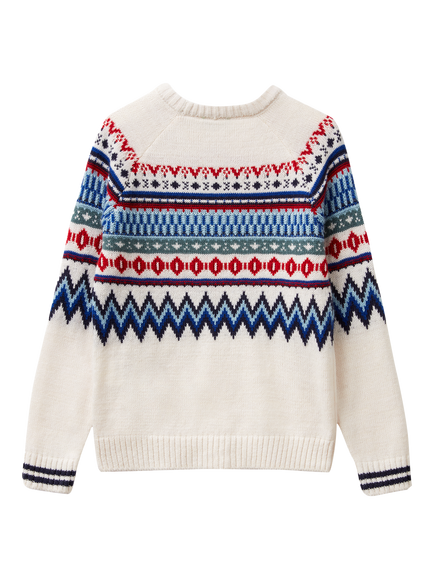 Benetton Kids' Fair Isle Crew Neck Jumper, White/Multi - view 2, White/Multi