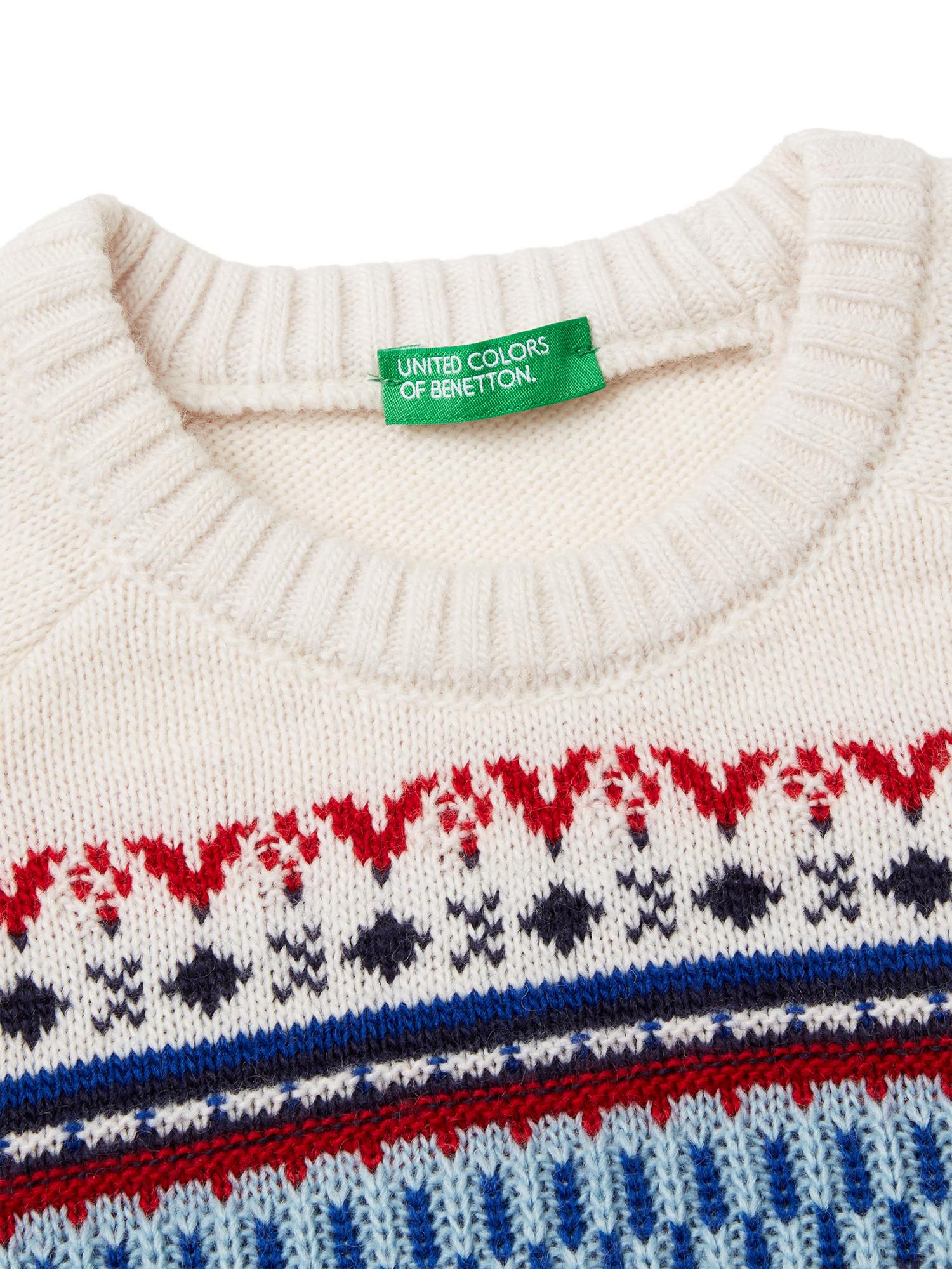 Product image 3 of 3, which shows Benetton Kids' Fair Isle Crew Neck Jumper, White/Multi, 6-7 years