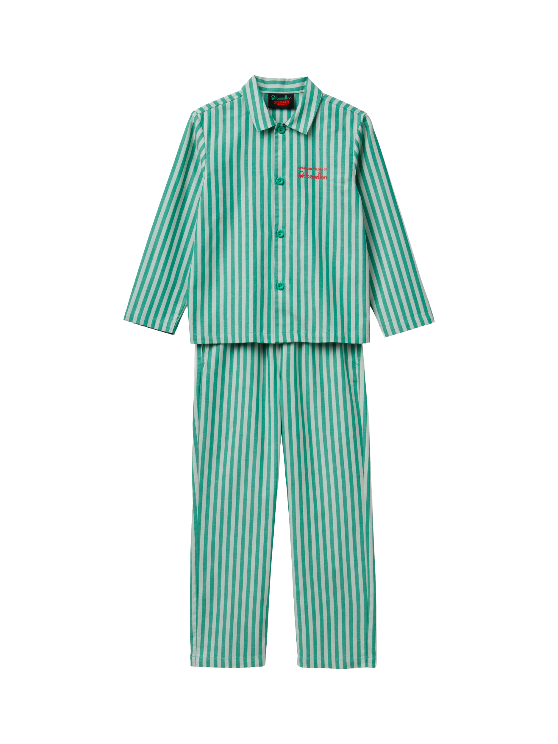 Product image 1 of 11, which shows Benetton X Stranger Things Kids' Striped Pyjama Set, Green, 6-7 years