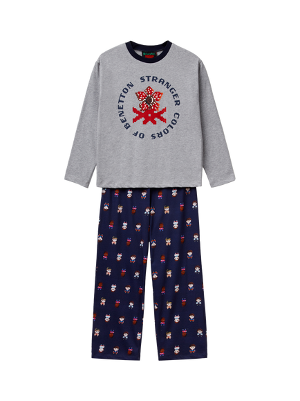 Benetton X Stranger Things Kids' Pyjama Set, Grey/Multi, Grey/Multi