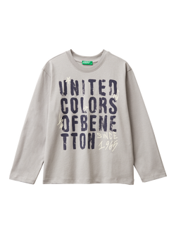 Benetton Kids' Cotton Logo Graphic Long Sleeve T-Shirt, Grey, Grey
