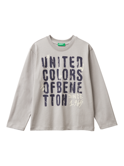 Benetton Kids' Cotton Logo Graphic Long Sleeve T-Shirt, Grey, Grey