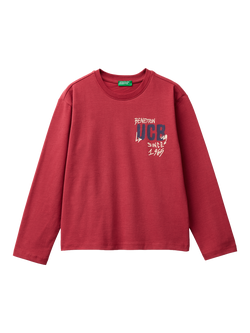 Benetton Kids' Cotton Logo Graphic Long Sleeve T-Shirt, Red, Red