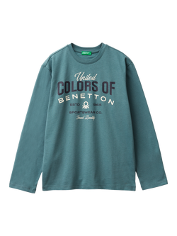 Benetton Kids' Cotton Logo Graphic Long Sleeve T-Shirt, Grey, Grey