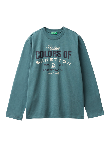 Benetton Kids' Cotton Logo Graphic Long Sleeve T-Shirt, Grey, Grey