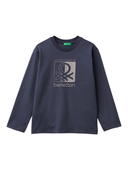 Benetton Kids' Cotton Logo Long Sleeve T-Shirt, Navy, Navy