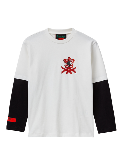 Benetton Kids' Cotton Colour Block Graphic Long Sleeve T-Shirt, White/Multi, White/Multi