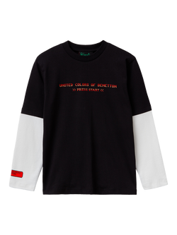 Benetton Kids' Cotton Colour Block Graphic Long Sleeve T-Shirt, Black, Black