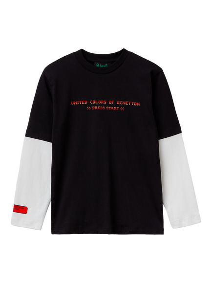 Benetton Kids' Cotton Colour Block Graphic Long Sleeve T-Shirt, Black, Black