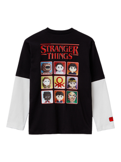 Benetton Kids' Cotton Colour Block Graphic Long Sleeve T-Shirt, Black - view 2, Black