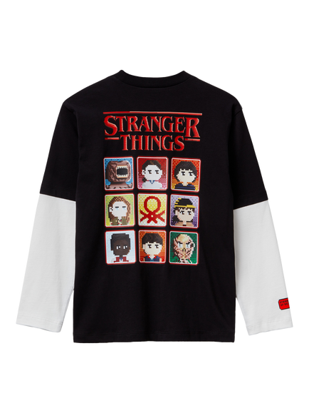 Benetton Kids' Cotton Colour Block Graphic Long Sleeve T-Shirt, Black - view 2, Black