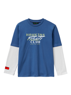 Benetton Kids' Cotton Colour Block Graphic Long Sleeve T-Shirt, Blue/White, Blue/White
