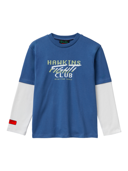 Benetton Kids' Cotton Colour Block Graphic Long Sleeve T-Shirt, Blue/White, Blue/White
