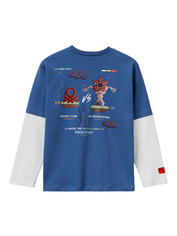 Benetton Kids' Cotton Colour Block Graphic Long Sleeve T-Shirt, Blue/White - view 2, Blue/White