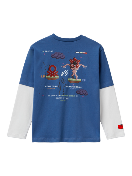 Benetton Kids' Cotton Colour Block Graphic Long Sleeve T-Shirt, Blue/White - view 2, Blue/White
