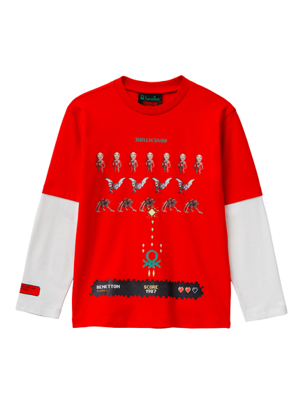 Benetton Kids' Cotton Colour Block Graphic Long Sleeve T-Shirt, Red/Multi, Red/Multi