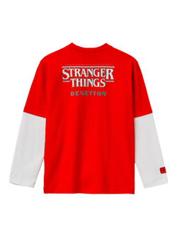 Benetton Kids' Cotton Colour Block Graphic Long Sleeve T-Shirt, Red/Multi - view 2, Red/Multi