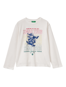 Benetton Kids' Cotton Graphic Long Sleeve T-Shirt, White, White