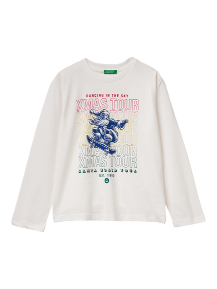Benetton Kids' Cotton Graphic Long Sleeve T-Shirt, White, White