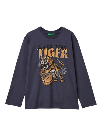 Benetton Kids' Cotton Graphic Long Sleeve T-Shirt, Navy, Navy