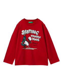 Benetton Kids' Cotton Graphic Long Sleeve T-Shirt, Red, Red