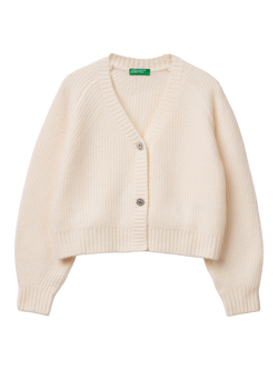 Benetton Kids' Cotton Blend V-Neck Cardigan, Off White, Off White