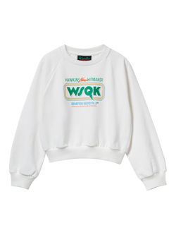 Benetton Kids' Cotton Graphic Crew Neck Sweatshirt, White, White