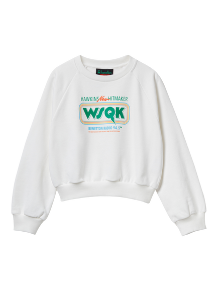 Benetton Kids' Cotton Graphic Crew Neck Sweatshirt, White, White