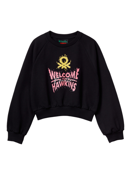 Benetton Kids' Cotton Logo Graphic Crew Neck Sweatshirt, Black, Black