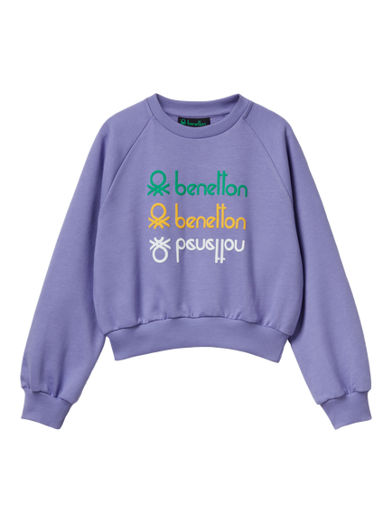 Benetton Kids' Cotton Logo Crew Neck Sweatshirt, Blue, Blue