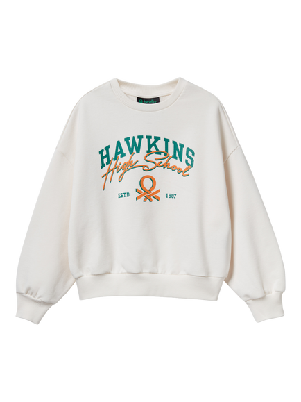 Benetton Kids' Cotton Graphic Crew Neck Sweatshirt, White, White