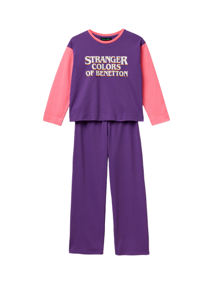 Benetton X Stranger Things Kids' Pyjama Set, Violet/Pink, Violet/Pink