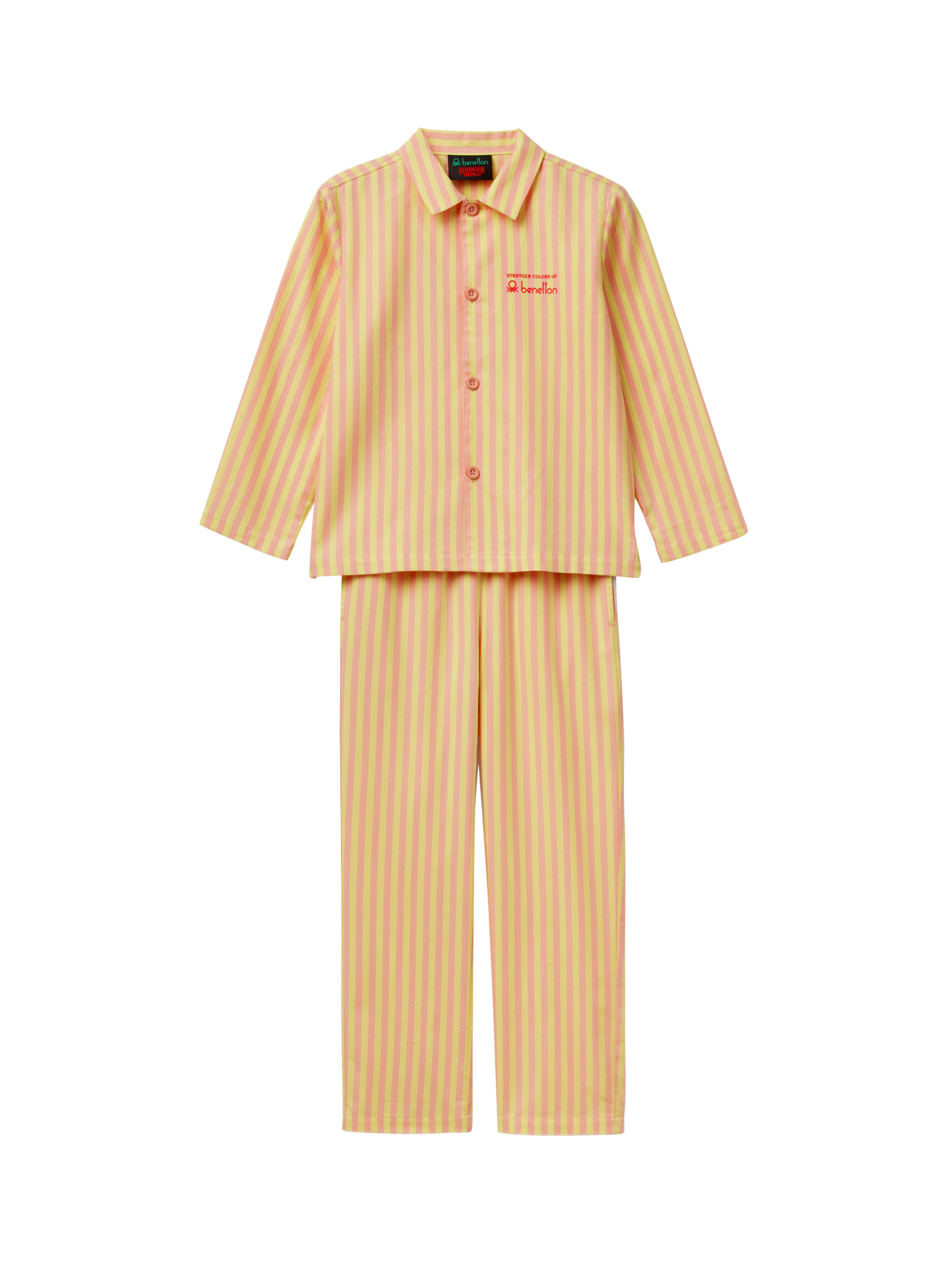 Product image 1 of 3, which shows Benetton X Stranger Things Kids' Striped Pyjama Set, Dark Yellow, 6-7 years