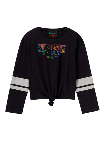 Benetton Kids' Cotton Stripe Graphic Long Sleeve T-Shirt, Black, Black