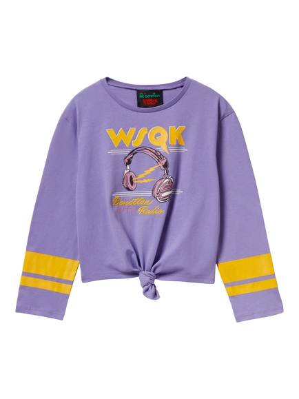 Benetton Kids' Cotton Colour Block Graphic Long Sleeve T-Shirt, Periwinkle Blue, Periwinkle Blue