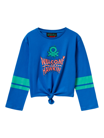 Benetton X Stranger Things Welcome To Hawkins Long Sleeve T-Shirt, Cobalt/Multi, Cobalt/Multi