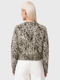 AllSaints Wick Amur Leopard Print Wool Rich Cardigan, Chalk White/Green - view 2, Chalk White/Green