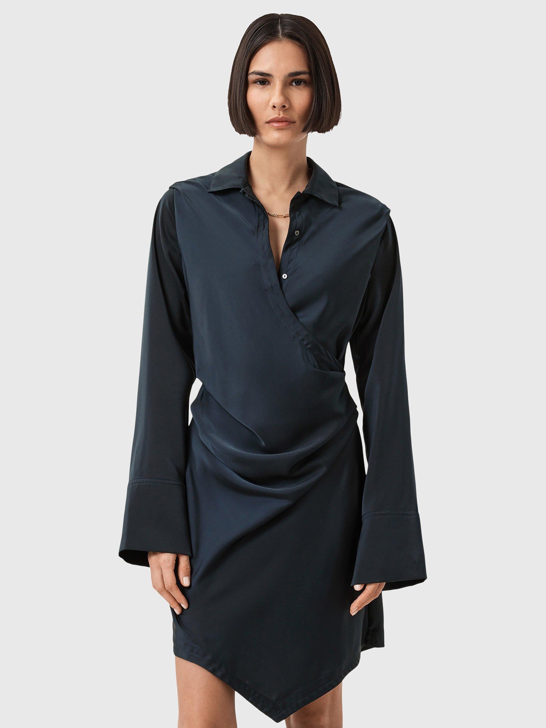 Product image 1 of 6, which shows AllSaints Tira Drape Satin Dress, Collegiate Blue, 10