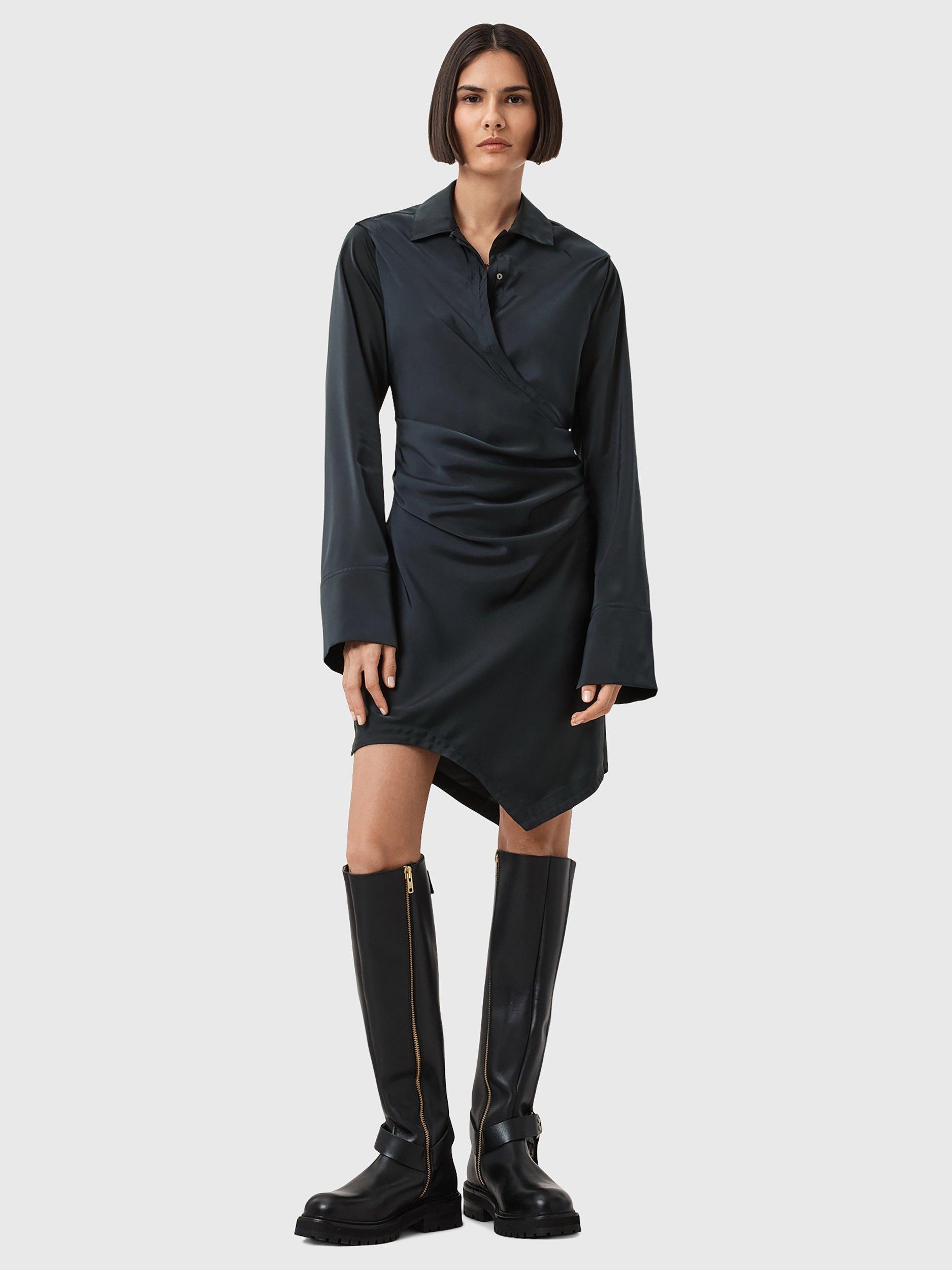 Product image 3 of 6, which shows AllSaints Tira Drape Satin Dress, Collegiate Blue, 10